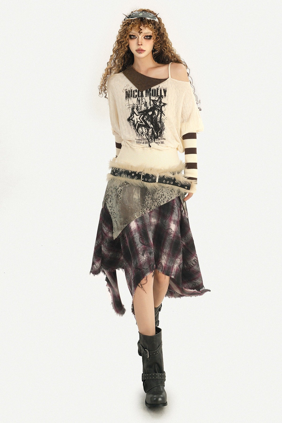 Faded Plaid Patchwork Midi Skirt