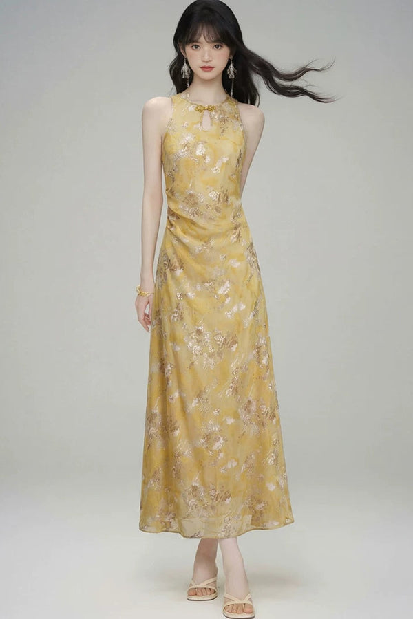 New Chinese Gold Jacquard Dress