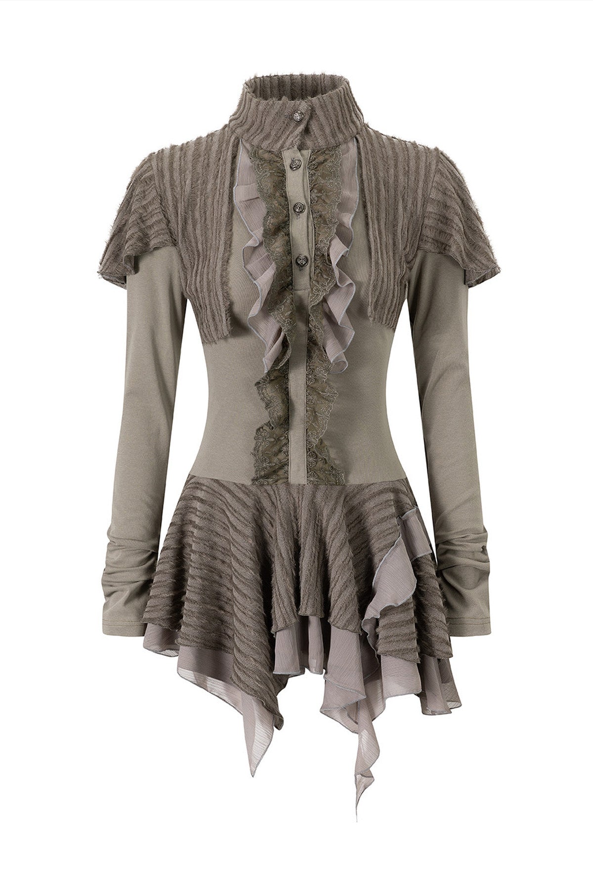 Kleid aus weichem Strick mit Spitzenrüschen und asymmetrischem Capelet