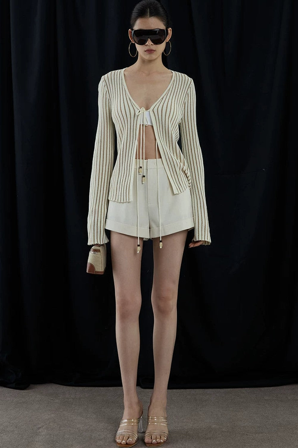Apricot Striped V-Neck Tie Cardigan