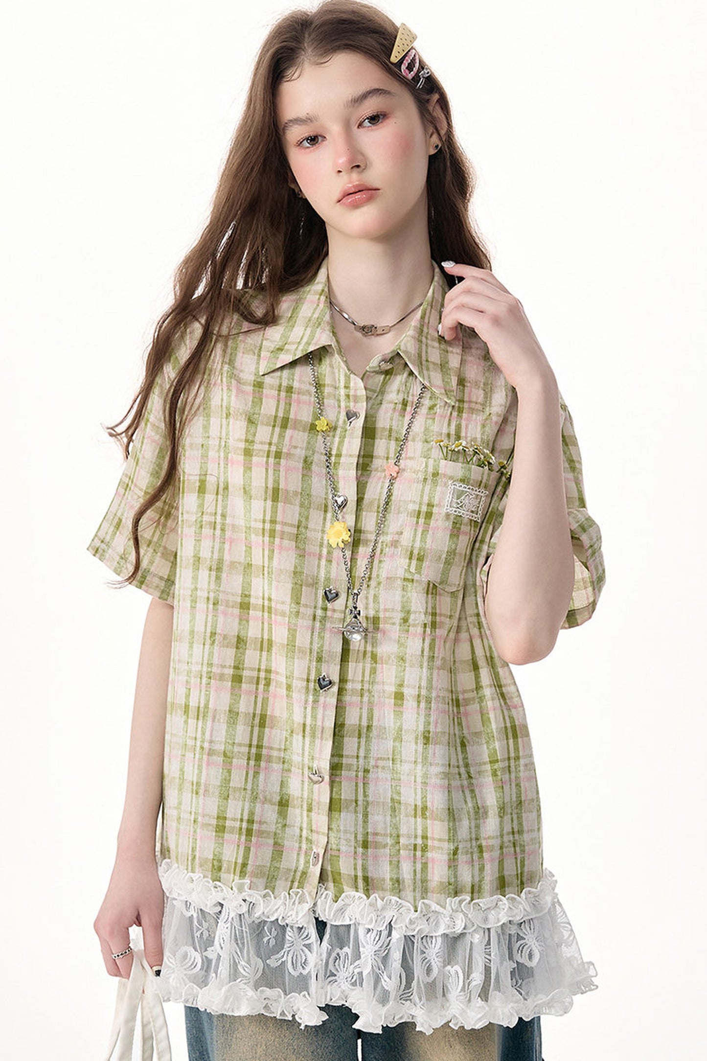 Green Plaid Lace Hem Shirt