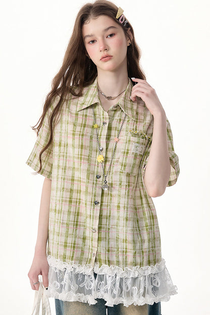 Green Plaid Lace Hem Shirt