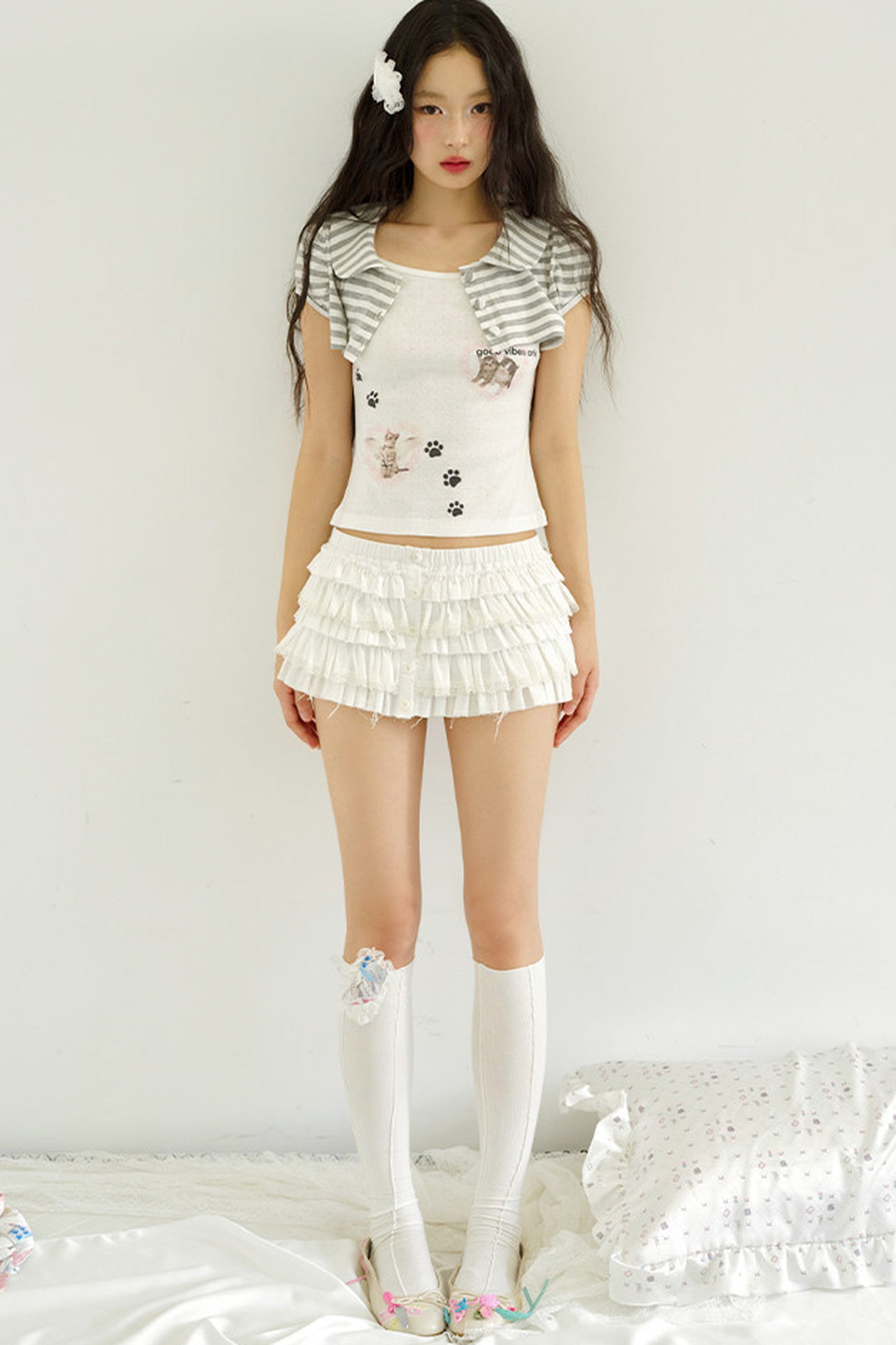 Cat Print Faux Two-Piece Knit Top