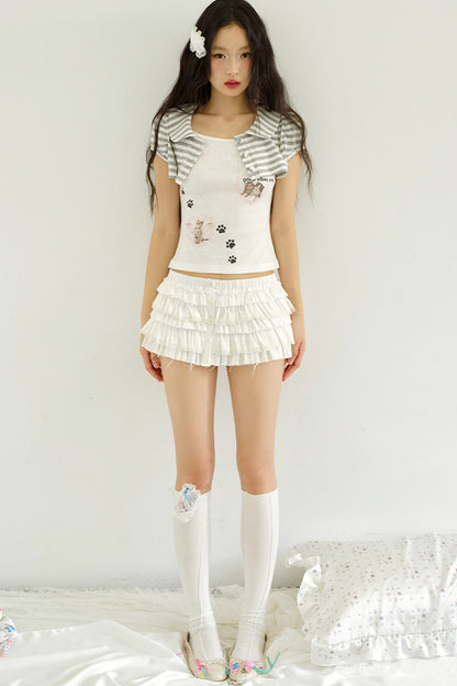 Cat Print Faux Two-Piece Knit Top