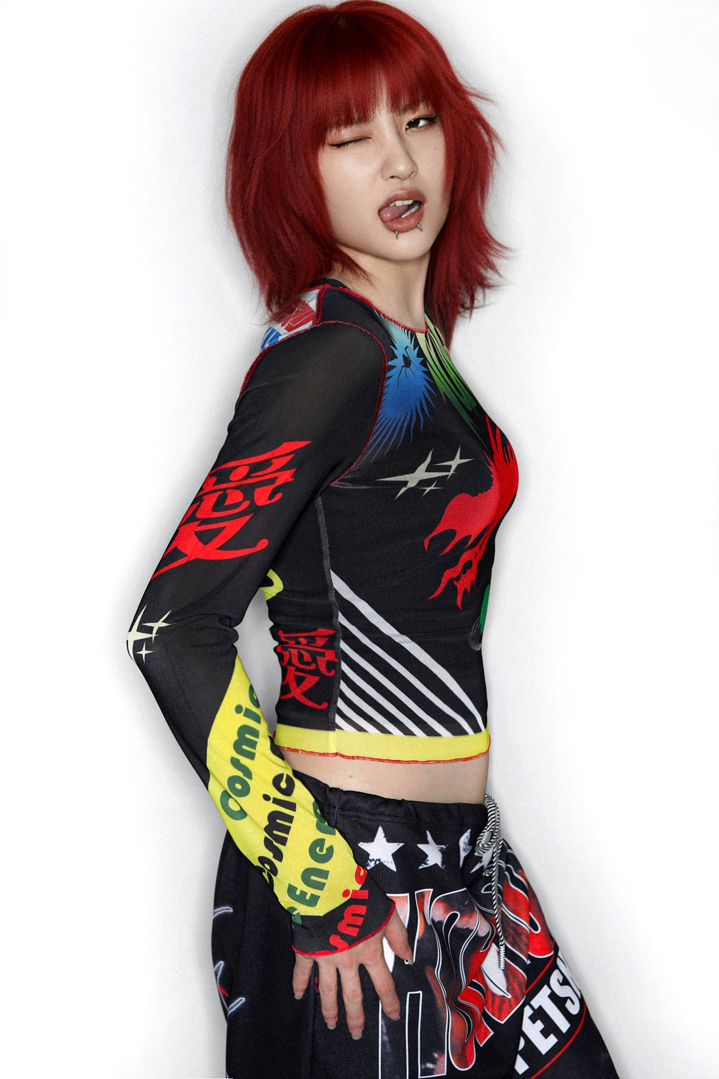 Y2K Graphic Long Sleeve Mesh Top