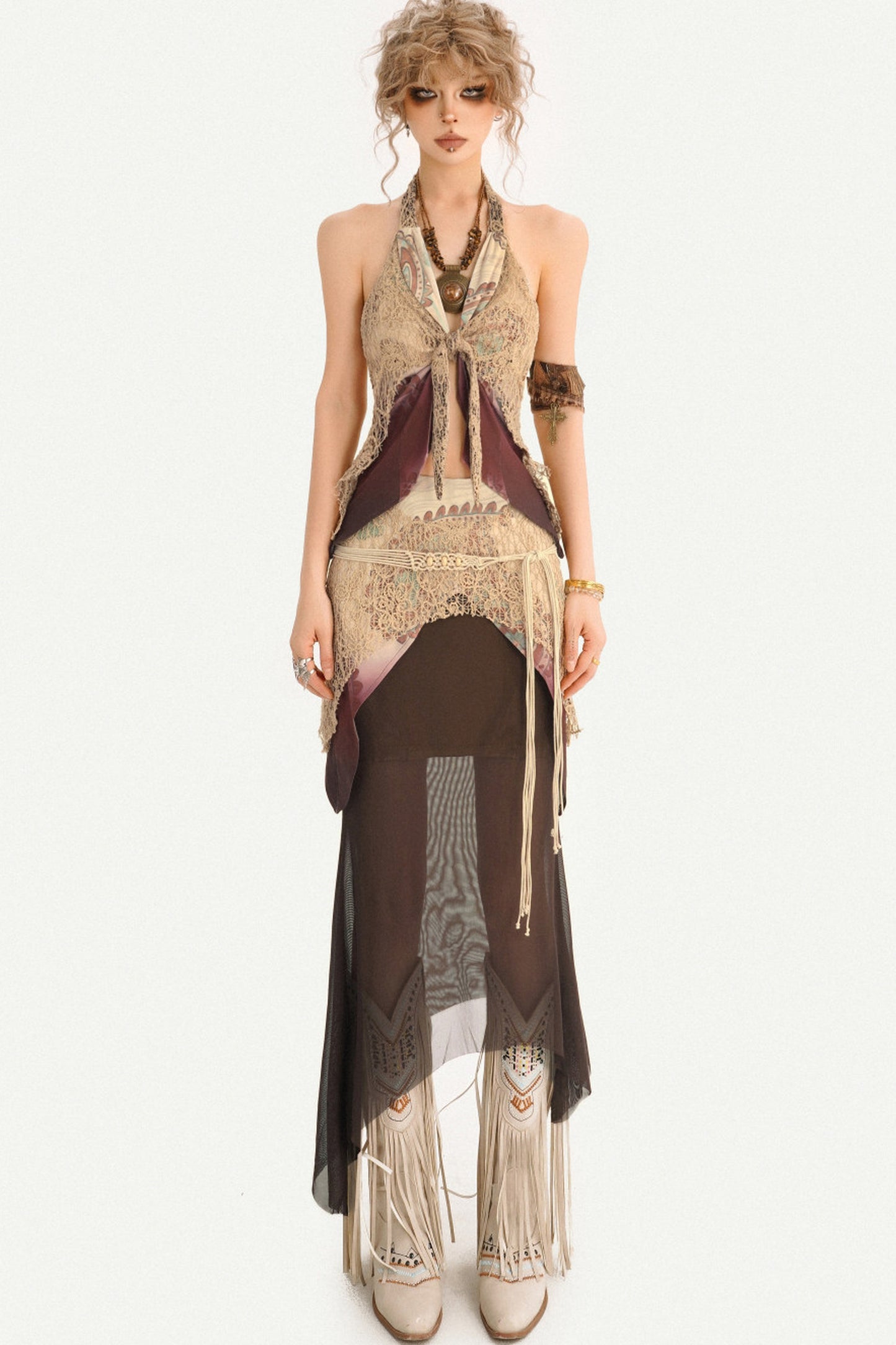 Bohemian Halter Vest And Layered Lace Maxi Set-Up