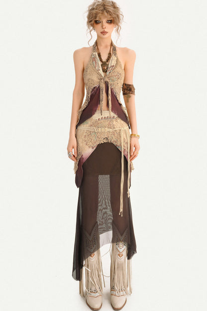 Bohemian Halter Vest And Layered Lace Maxi Set-Up
