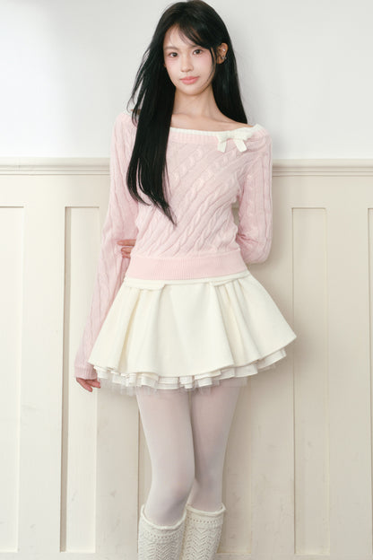 Pink Bow Cable-Knit Off-Shoulder Sweater