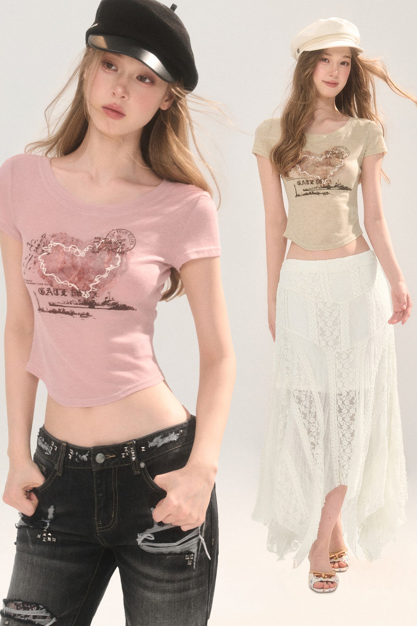 Heart Graphic Print Curved Hem Crop T-Shirt