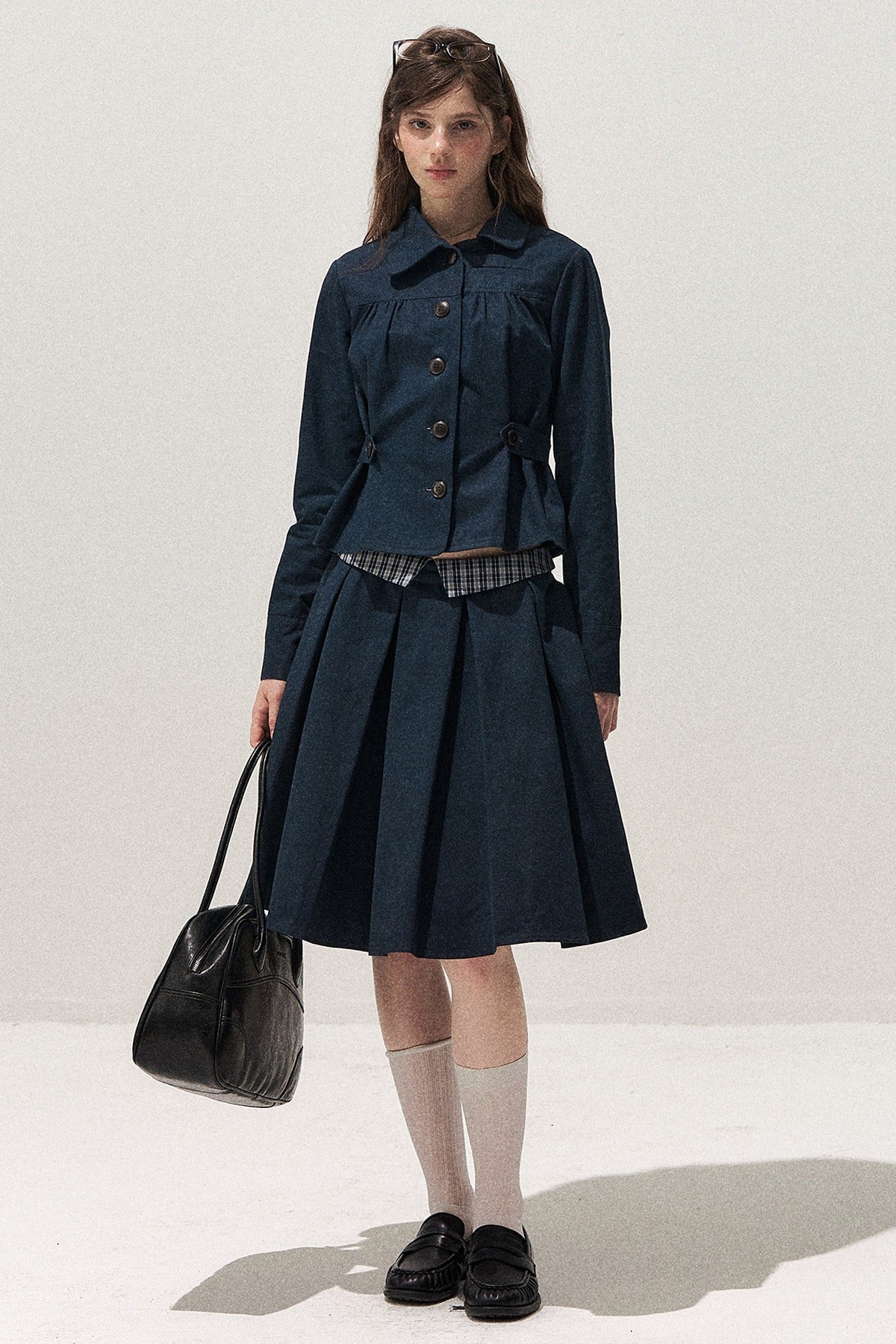 Navy Denim Jacket and Pleated Skirt Set-Up