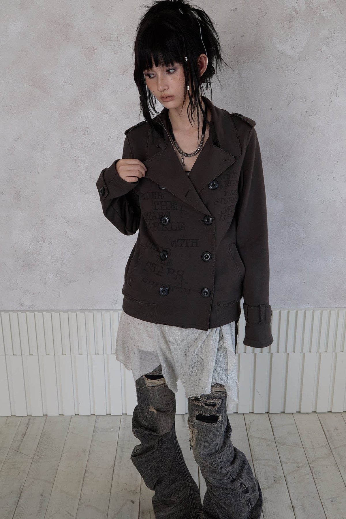 Trench Style Printed Unhemmed Double-Breasted Jacket