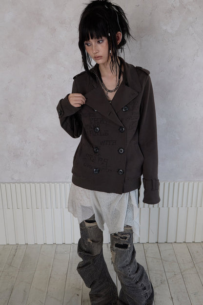 Trench Style Printed Unhemmed Double-Breasted Jacket