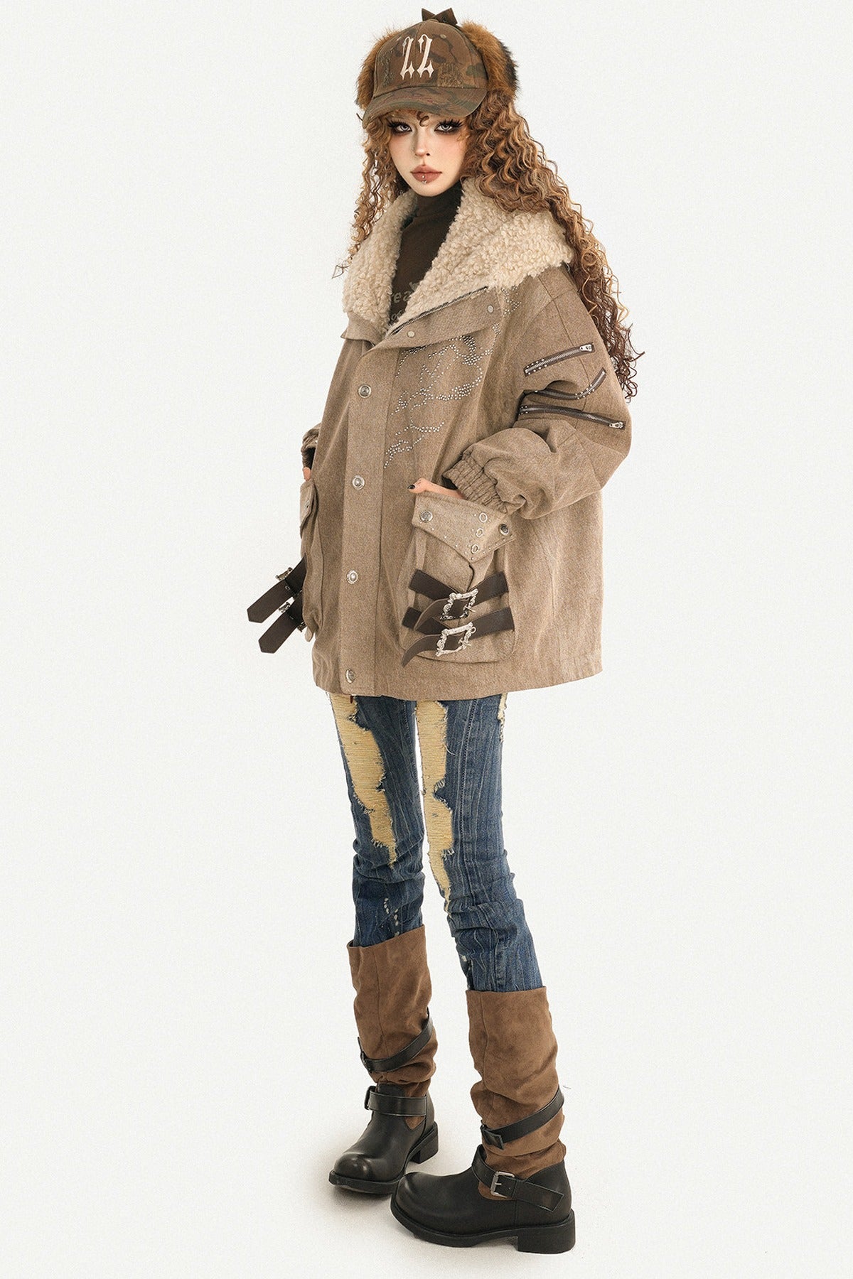 Maillard Fleece-Lined Hooded Fur Collar Jacket