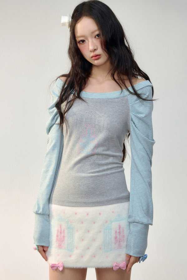 Color-Block Rhinestone Long Sleeve T-shirt