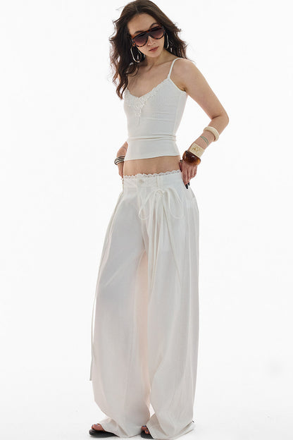 Lace Trim Pima Cotton Wide Leg Pants