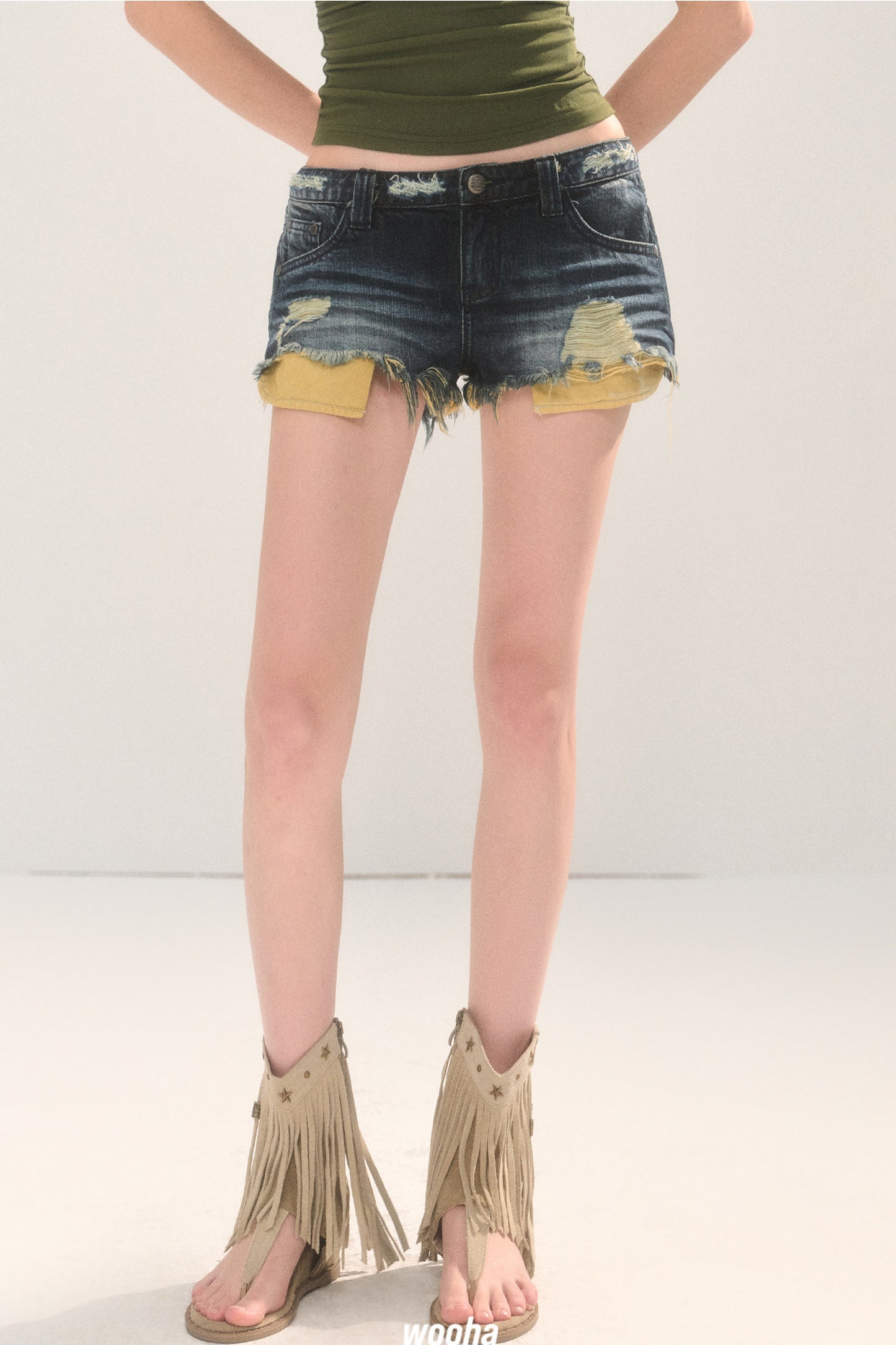 Frayed Ripped Lace Denim Shorts