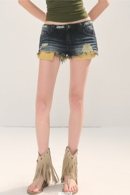 Frayed Ripped Lace Denim Shorts