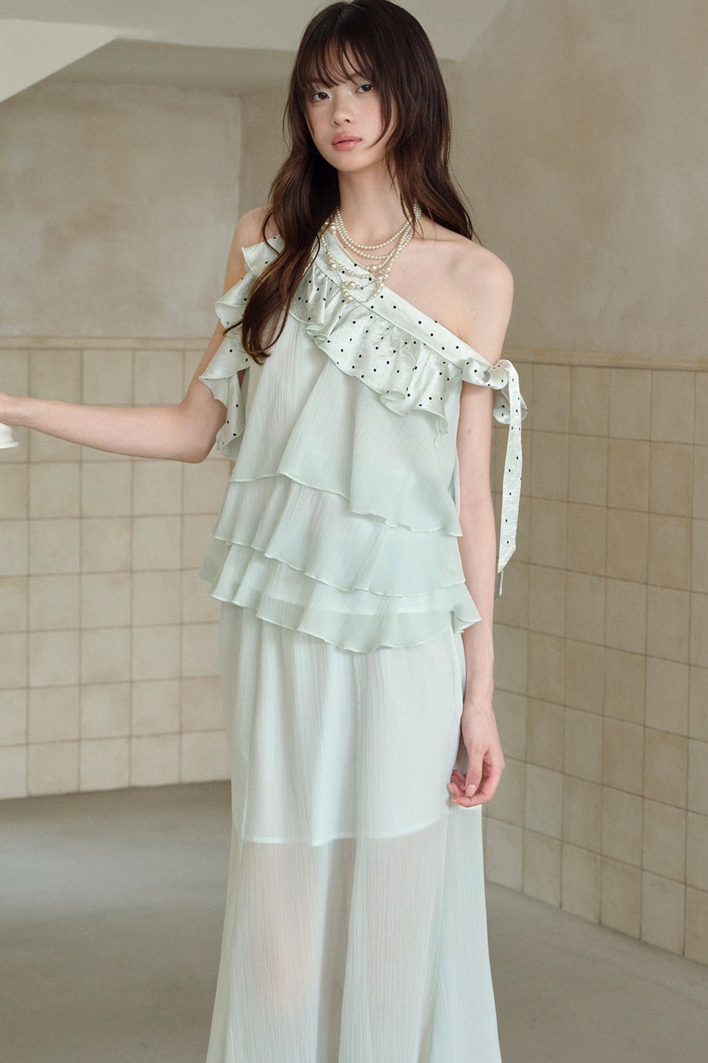 Green Acetate Tencel Polka Dot Top and Fishtail Skirt Set-Up