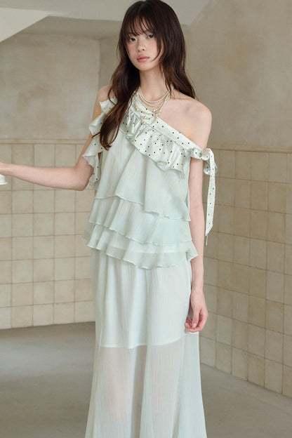 Green Acetate Tencel Polka Dot Top and Fishtail Skirt Set-Up