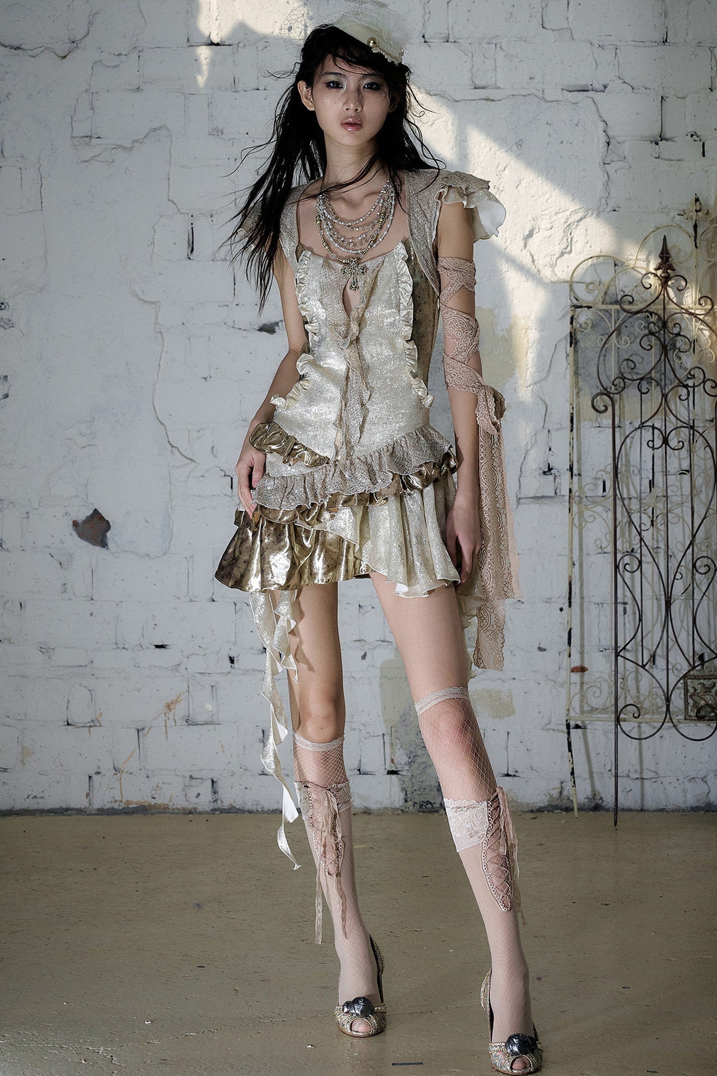 Baroque Gold Satin Ruffle Dress