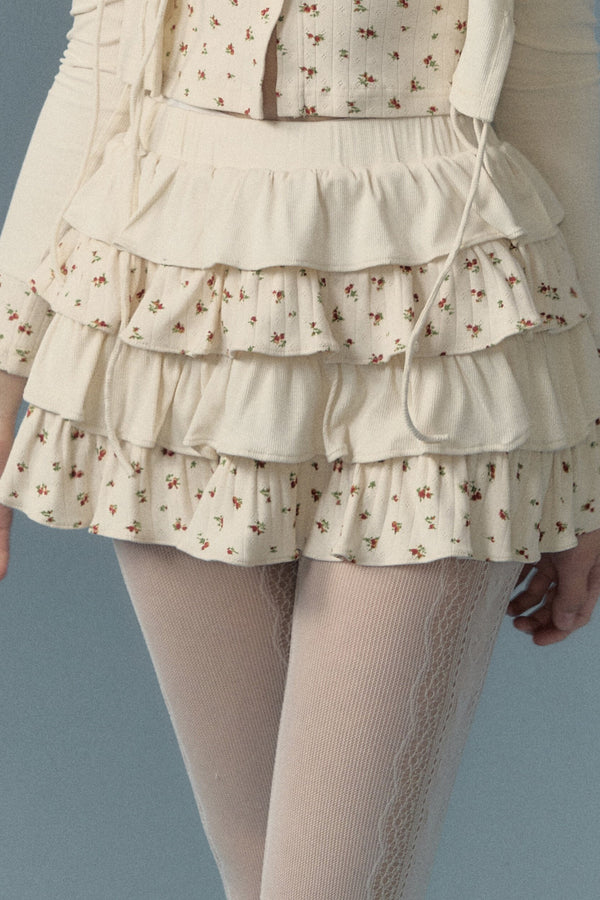 Floral Patchwork Knit Cardigan and Lace-Up Skirt Set-Up