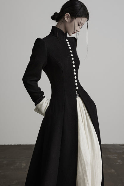 100% Wool Stand Collar Tie-Back Long Coat