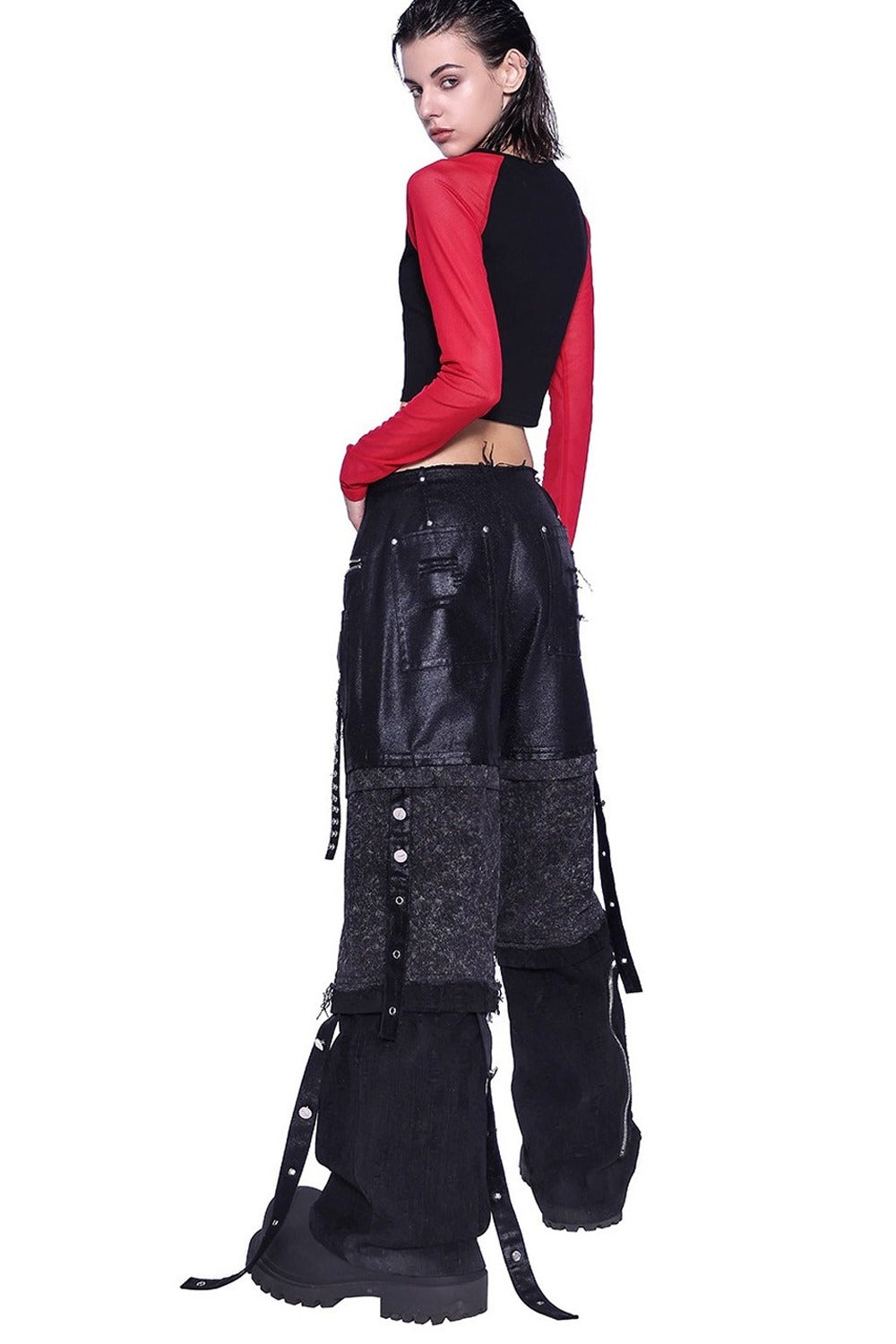 Stacked Patchwork Studded Belt Jeans