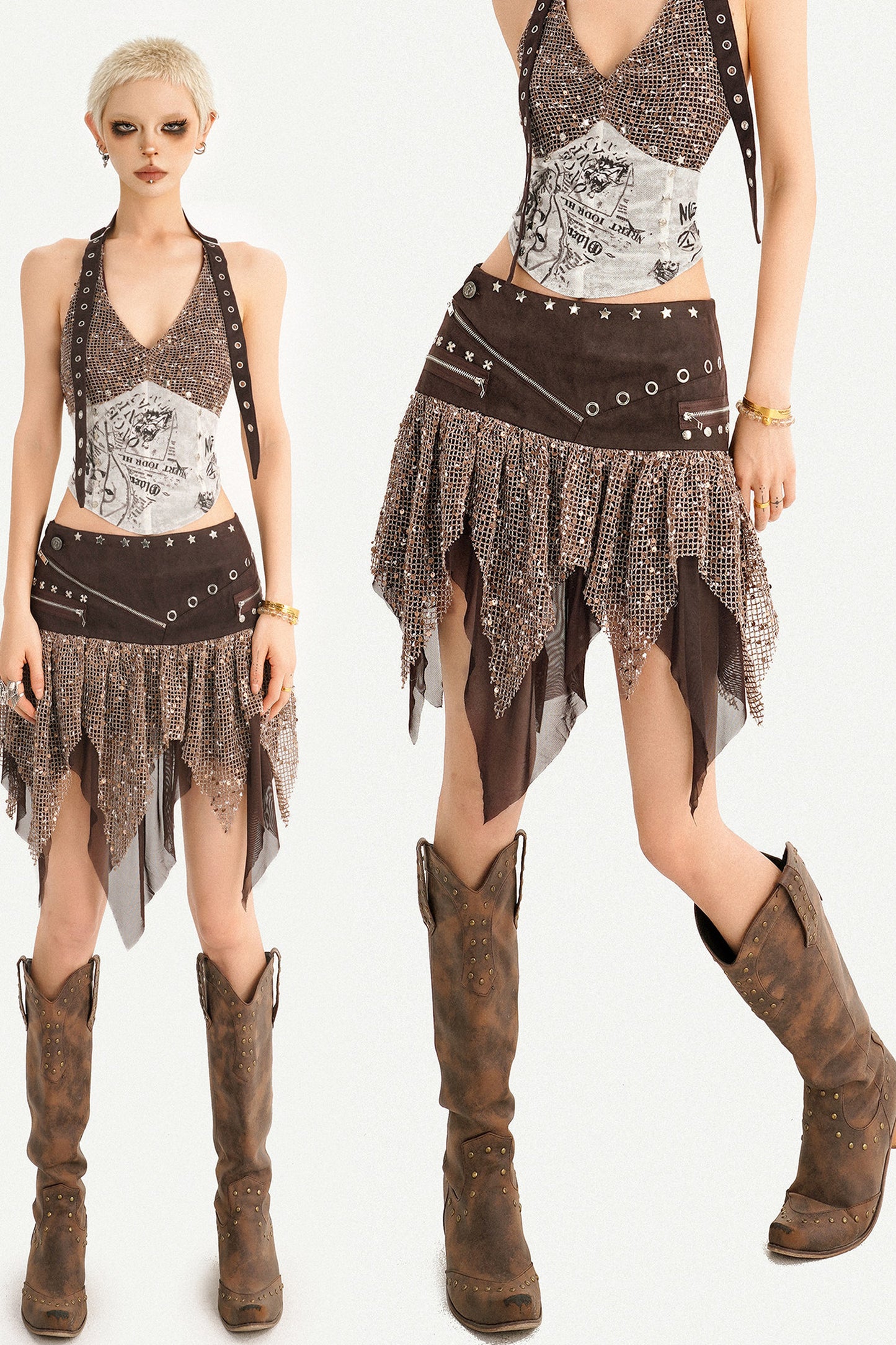 Western Sequin Asymmetrical Mini Skirt