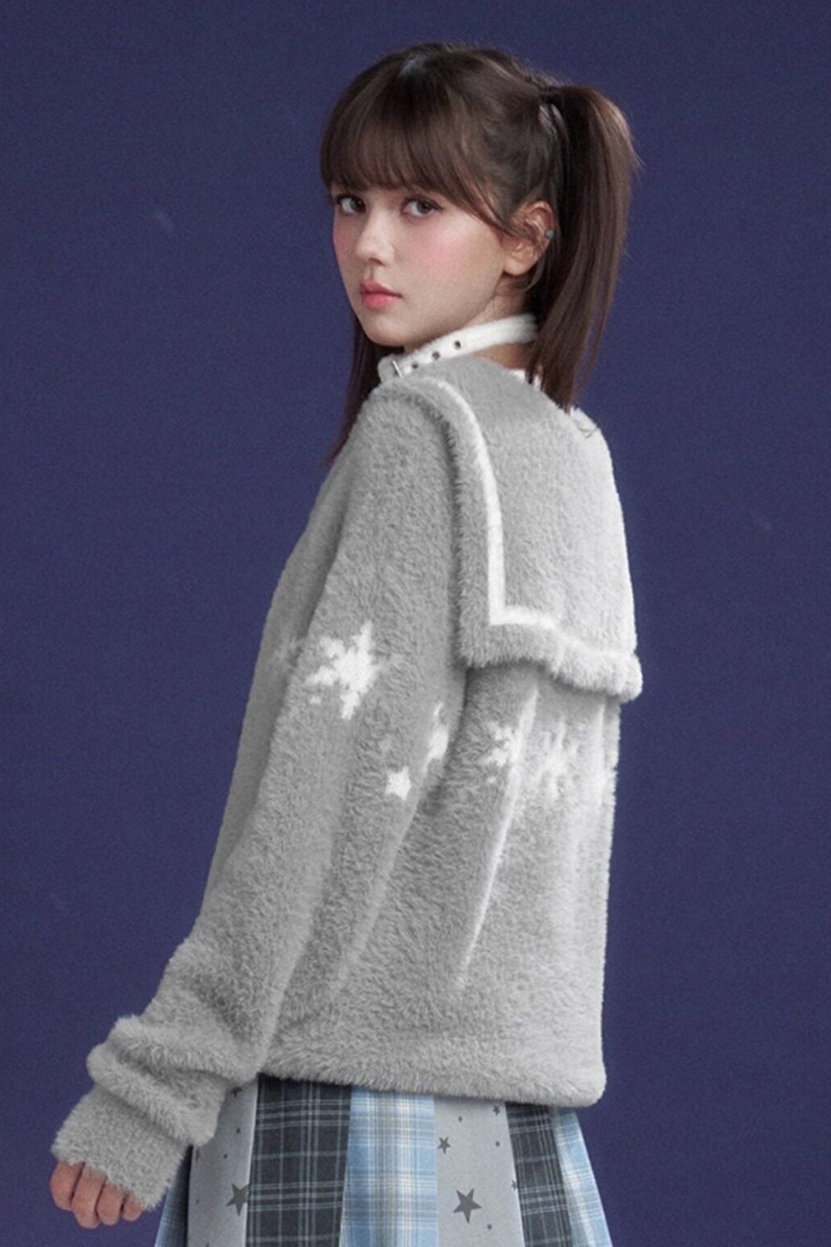 Gray Faux Mink Fur Sailor Collar Sweater