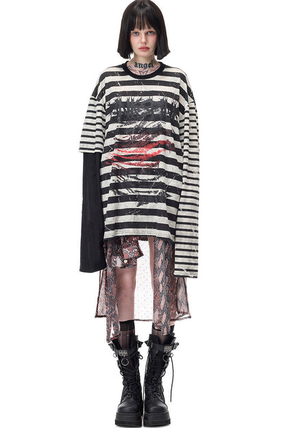 Punk Burnt Floral Cut-Out Striped Raglan Blouse