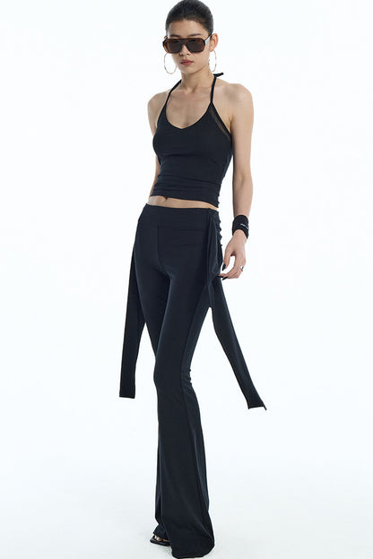 Black Mesh Halter Top And Flared Yoga Pants Set-Up