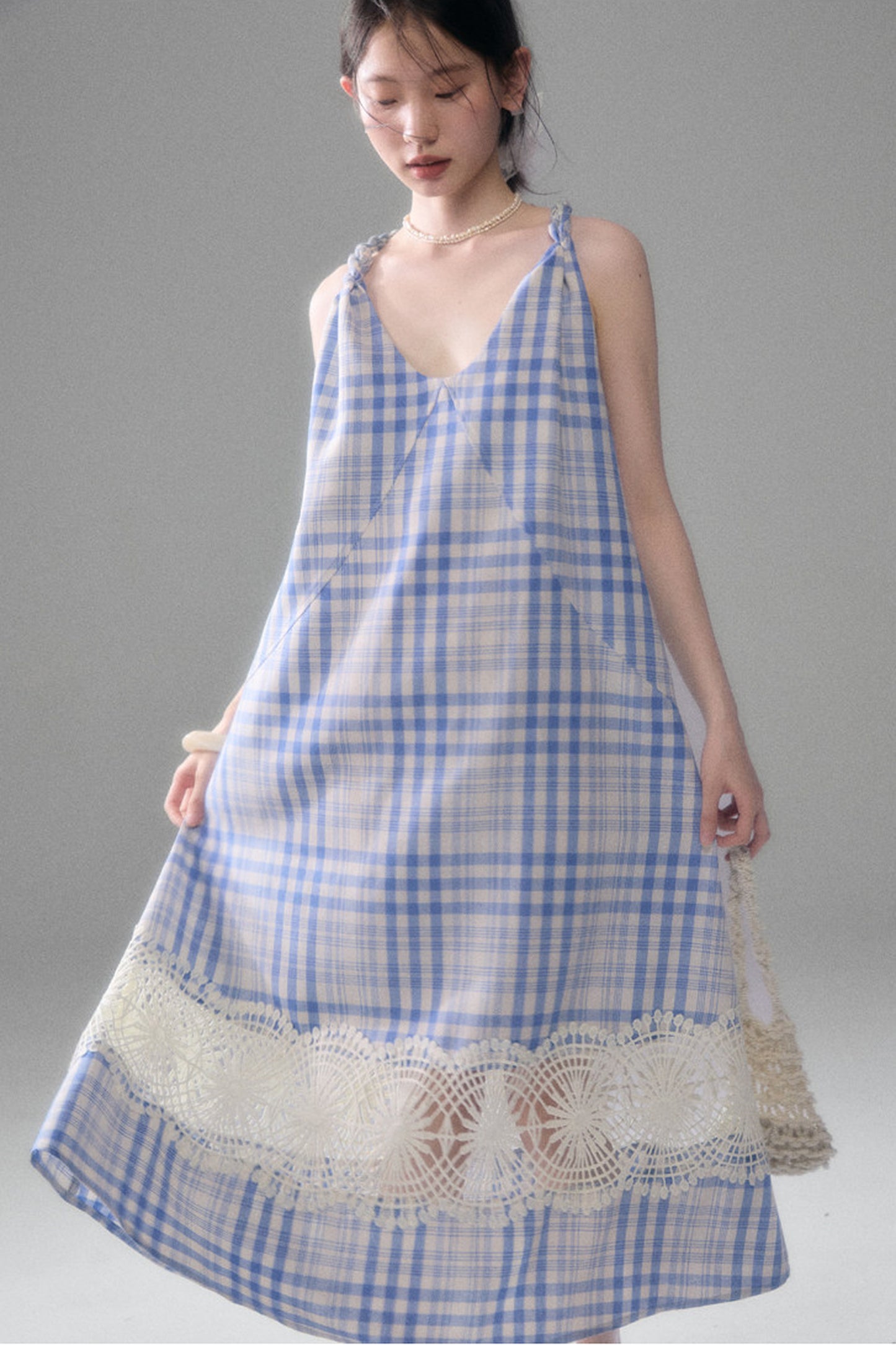 Blue White Plaid Lace Slip Dress