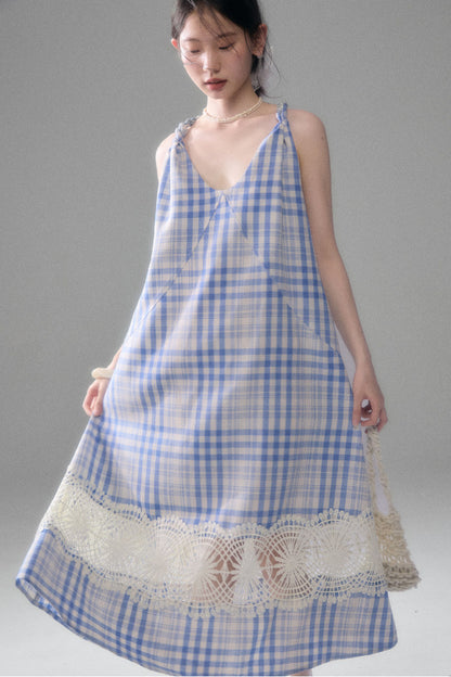 Blue White Plaid Lace Slip Dress