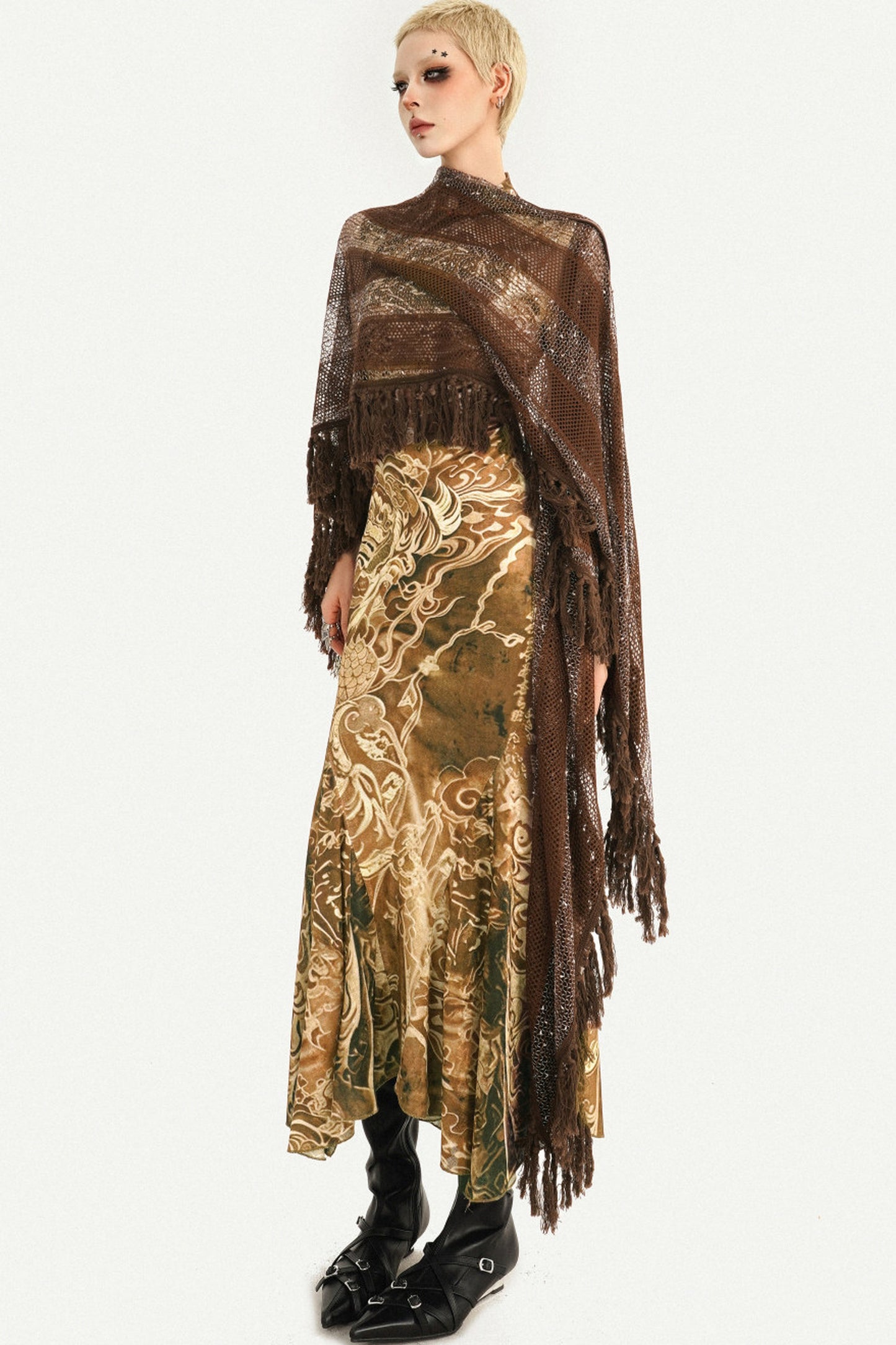 Long Brown Tassel Mesh Cardigan