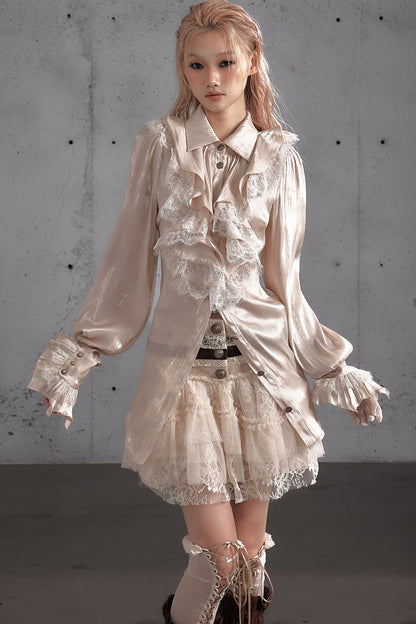 Ruffled Lace Patchwork Satin Blouse