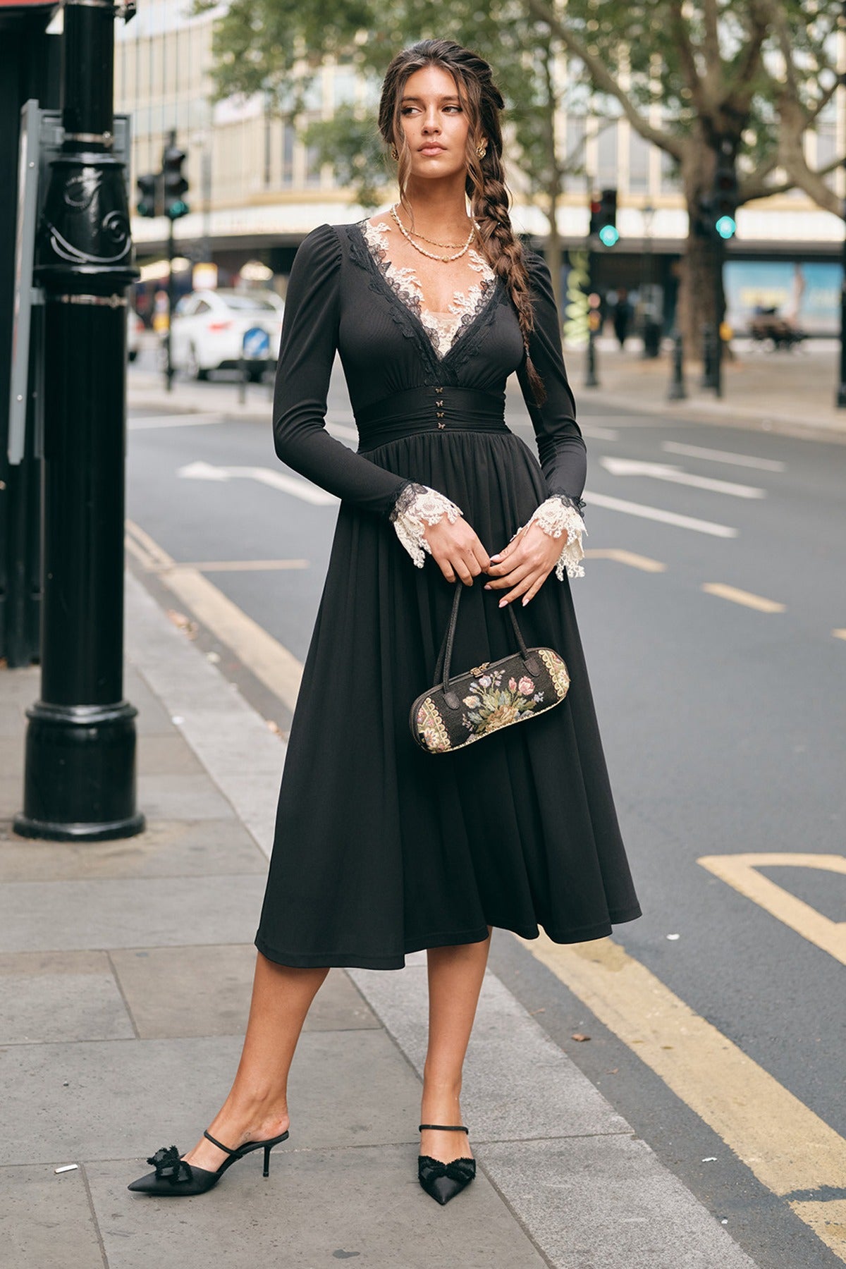 Black Mandala Lace V-Neck Long Sleeve Dress