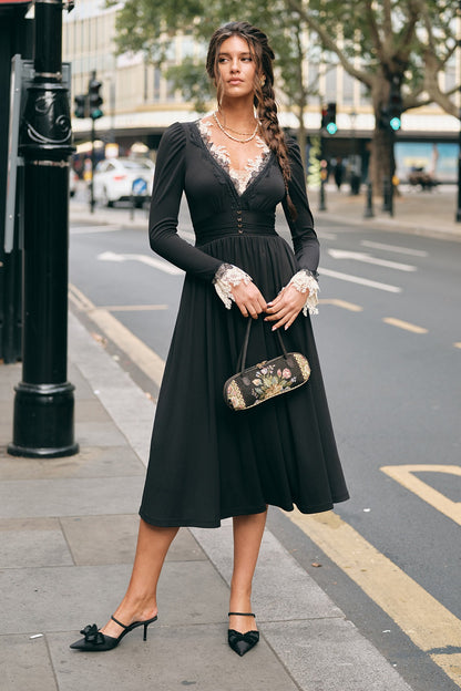Black Mandala Lace V-Neck Long Sleeve Dress