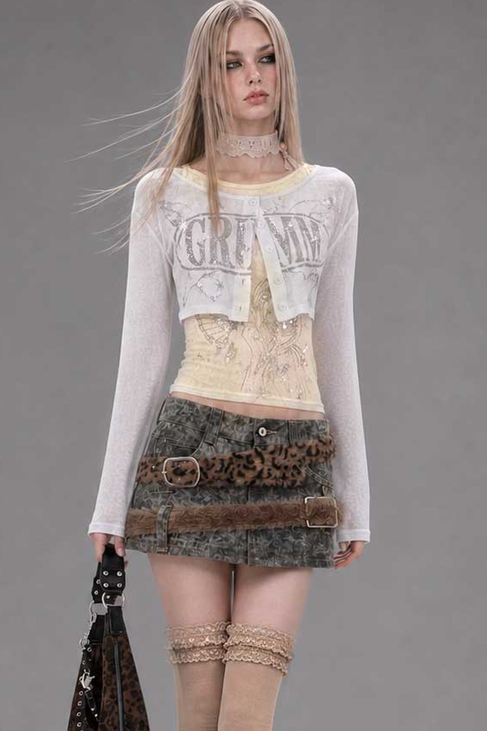 Silver Letter Print Long-Sleeve T-Shirt Set-Up