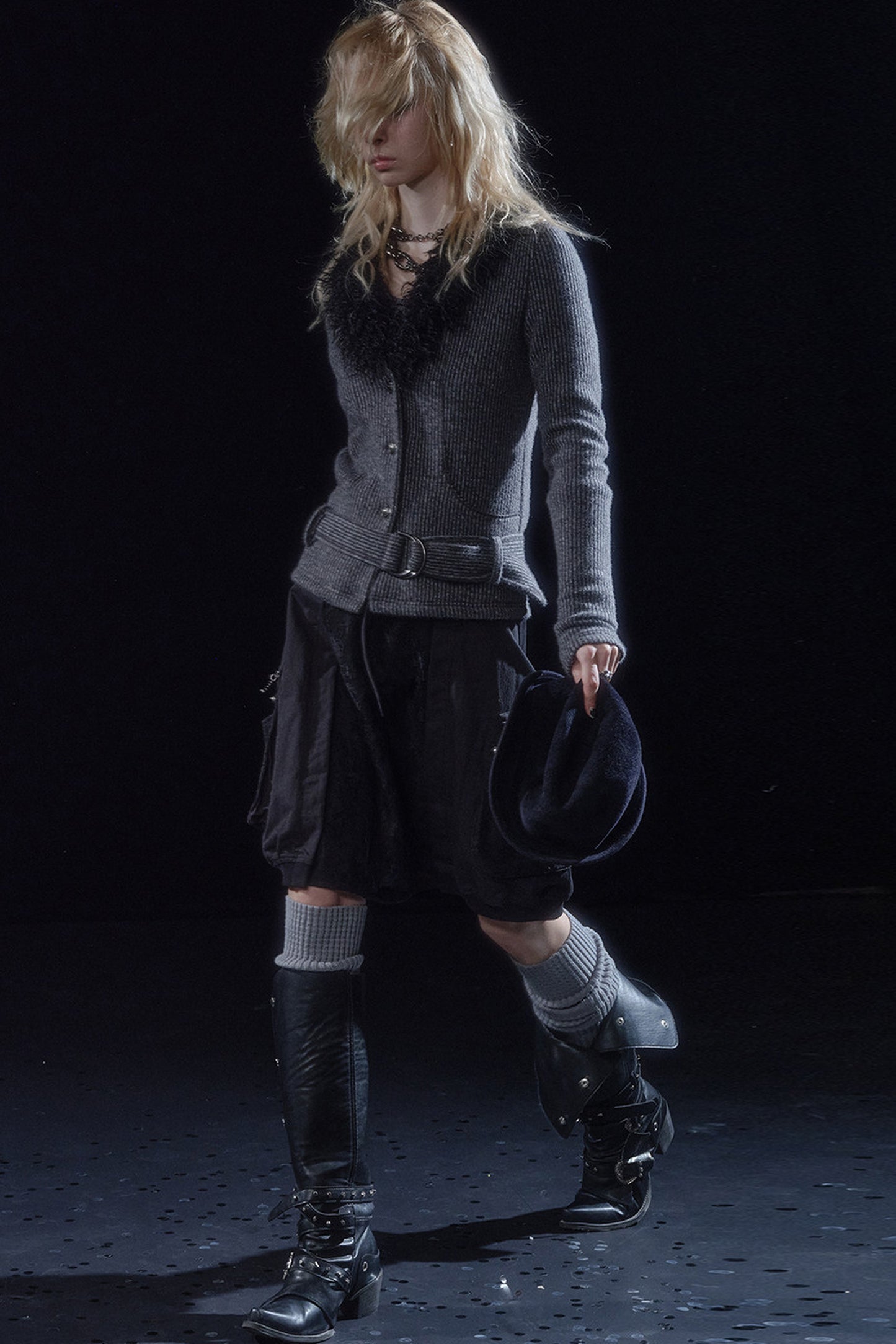 Fur Collar V-Neck Textured Knit Cardigan