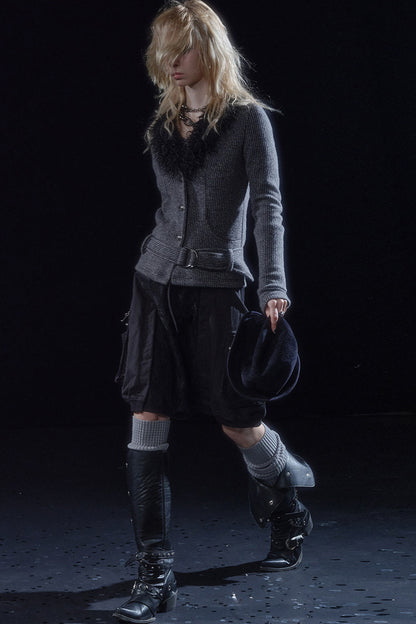 Fur Collar V-Neck Textured Knit Cardigan