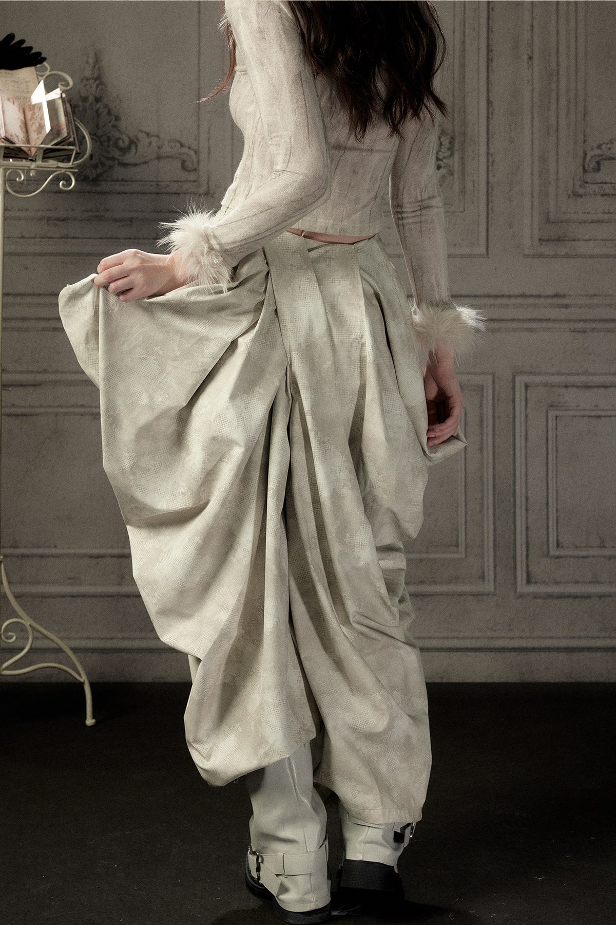 Beige Asymmetrical Stacked Long Pants