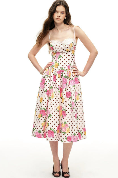 Polka Dot Rose Print Bra Dress Set-Up