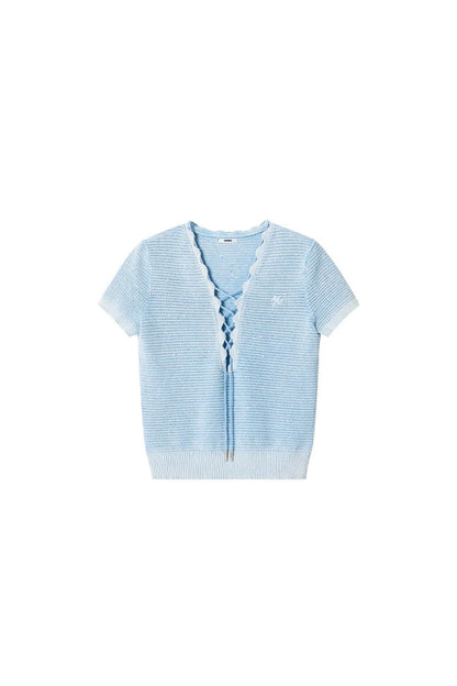 Vintage Openwork Knit V-Neck Tie-Up T-Shirt