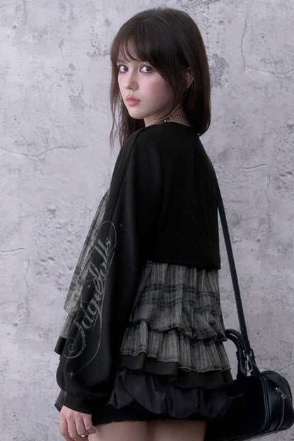 Black Gray Plaid Balloon Suspender Cover-Up Set