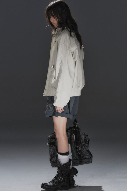 Rivet Patchwork Stand Collar Jacket