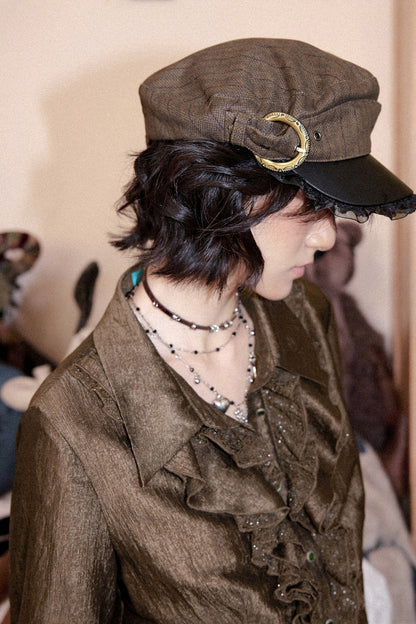 Metal Buckle Striped Flat Cap