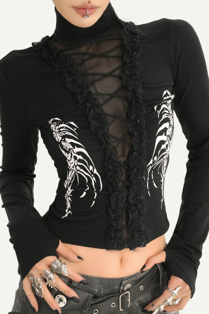 Black Printed Lace Splicing Top and Pants Set-Up