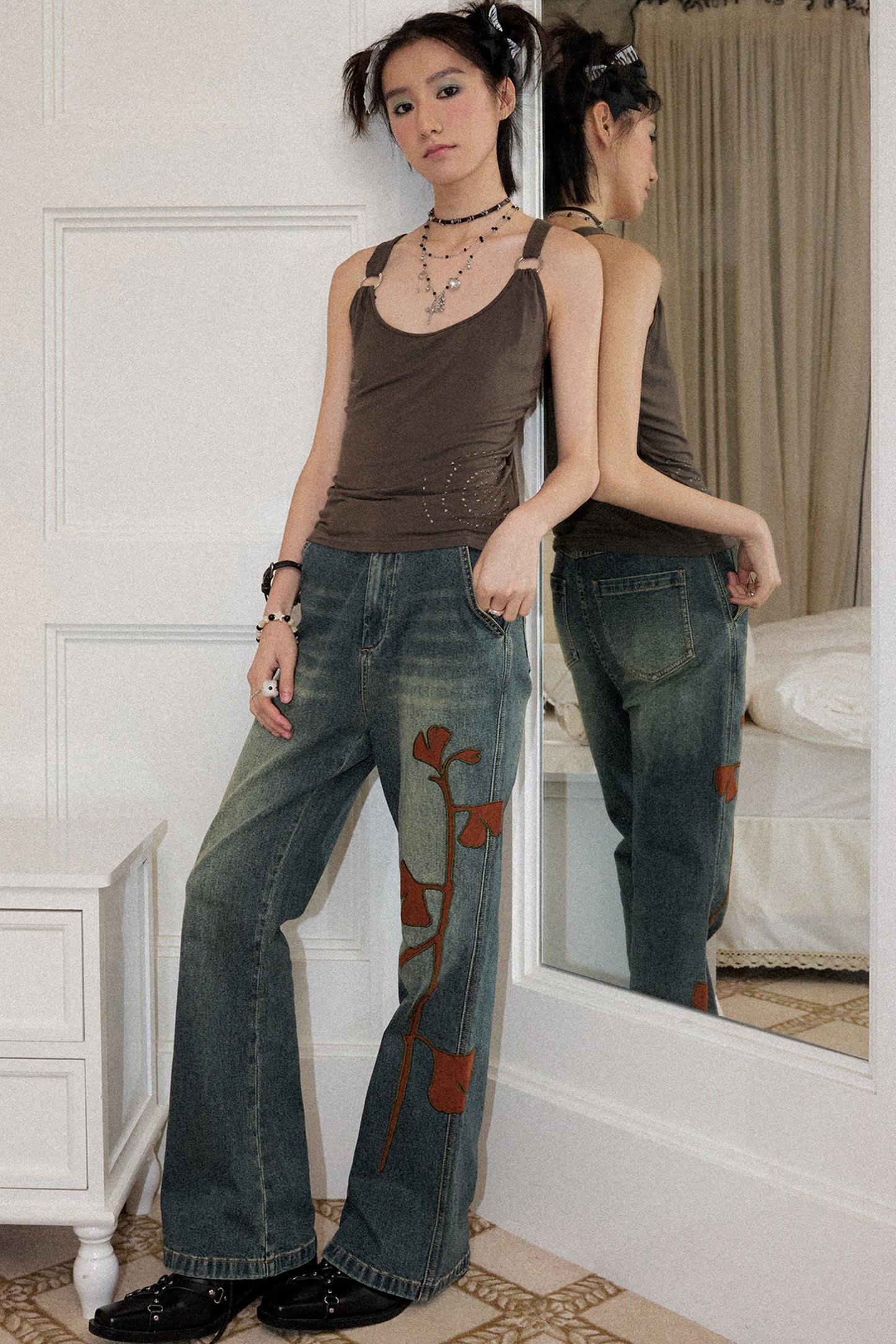 Ginkgo Leaf Embroidered Denim Pants