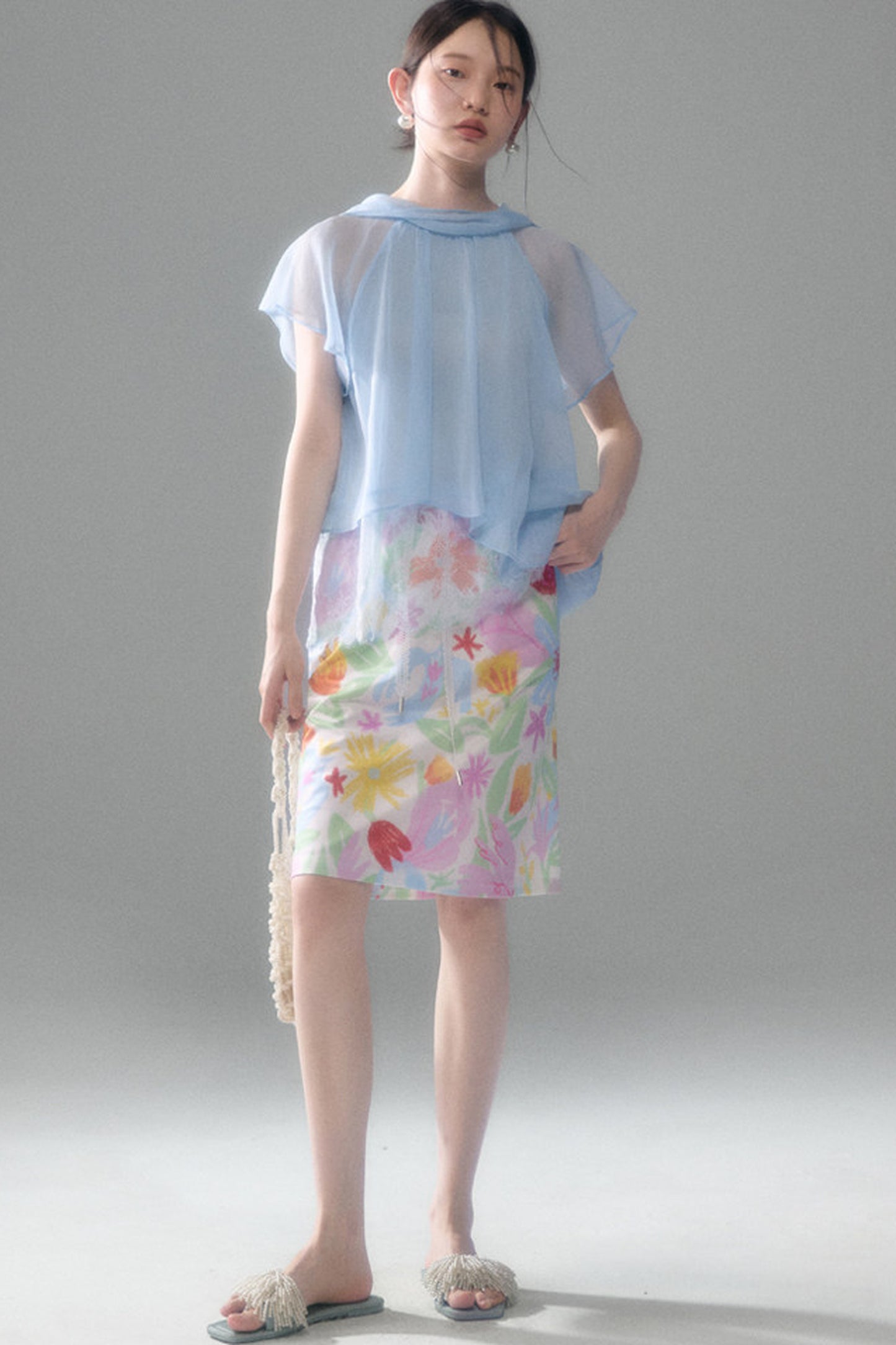Hand-Painted Bird And Flower Print Skirt
