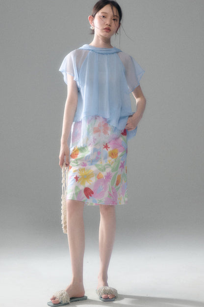 Hand-Painted Bird And Flower Print Skirt